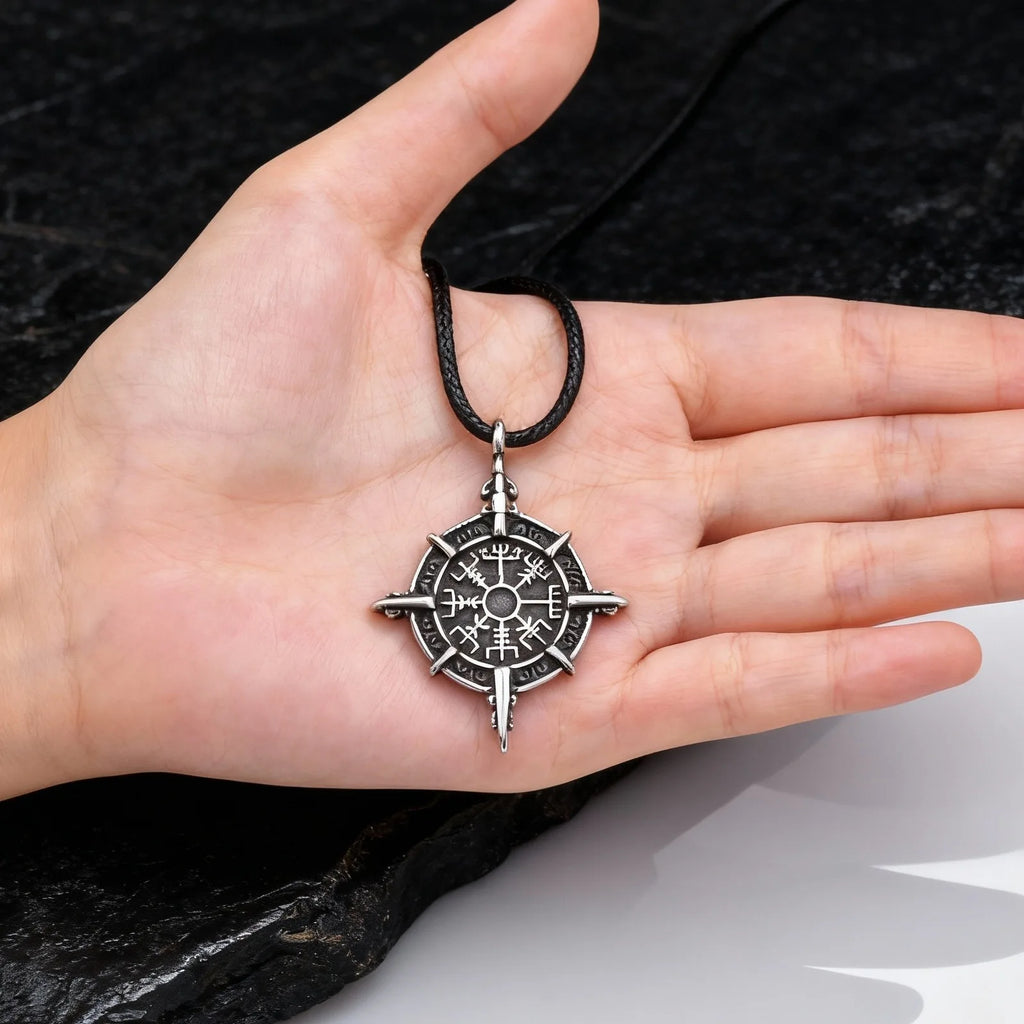 Retro Viking Rune Compass Necklace for Men Boys,Gun black Stainless Steel Talisman Collars,Stylish Punk Jewelry Gift