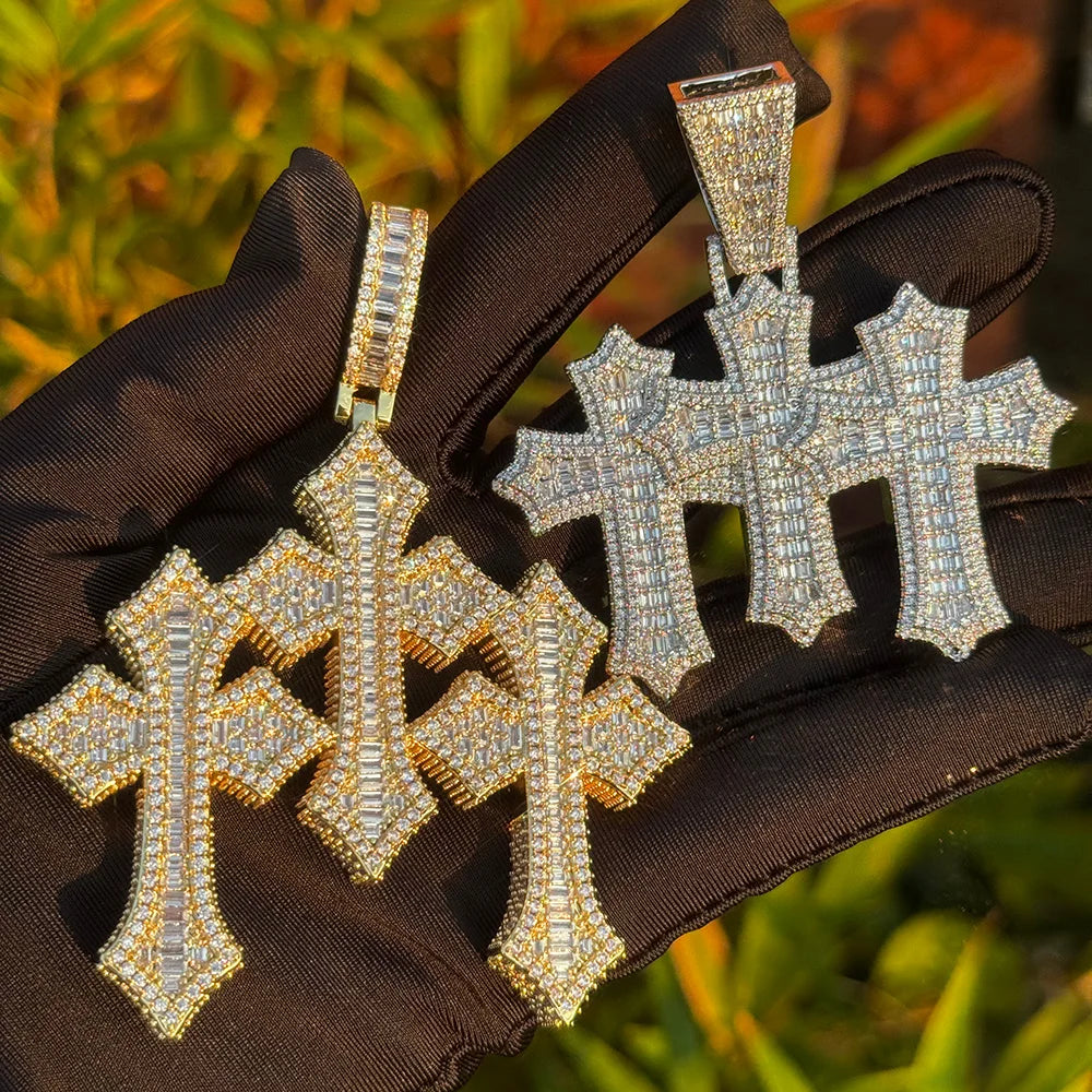 Cross Pendant Necklace Iced Out Three Baguette
