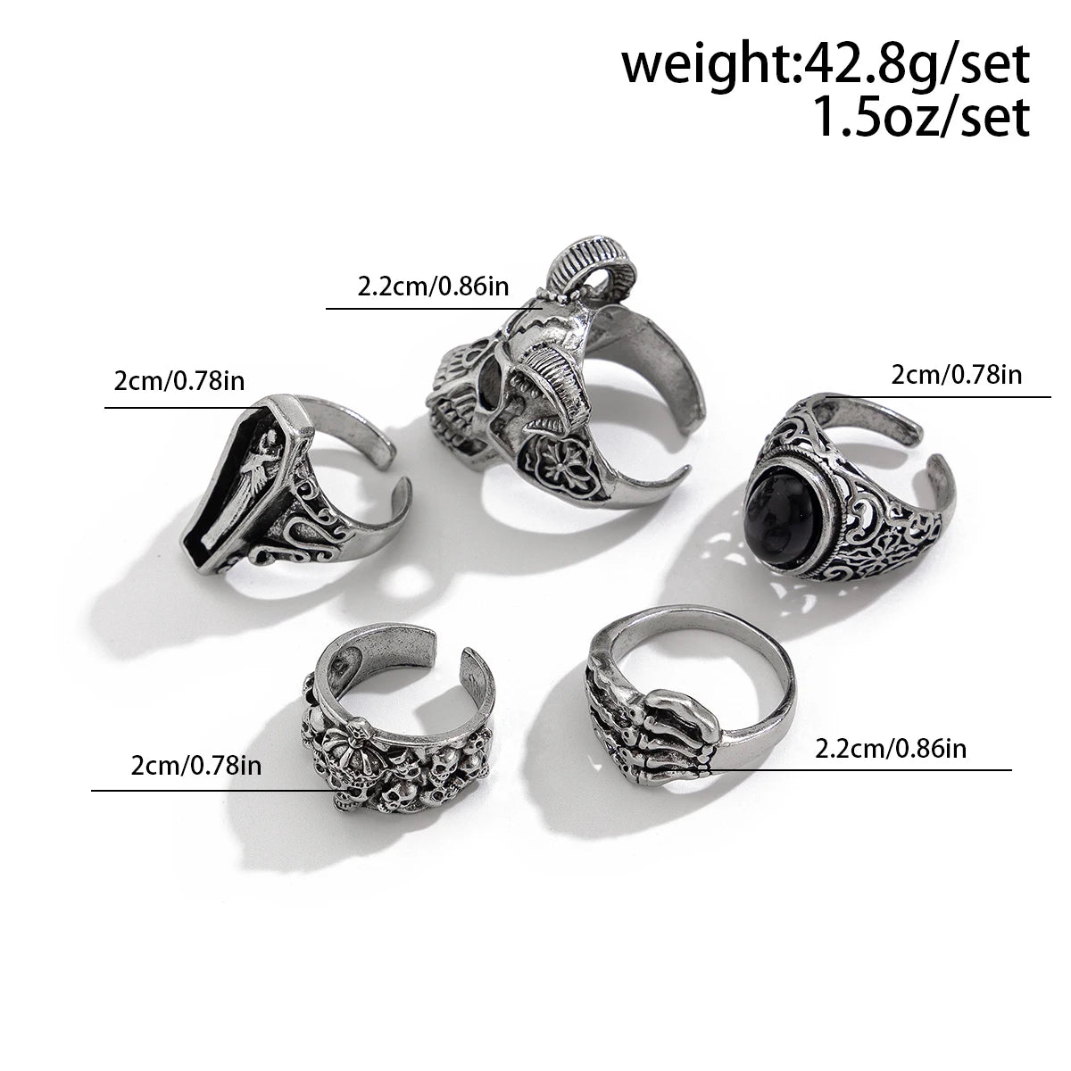 Gothic Skull Claw Cross Ring Set — Adjustable Silver