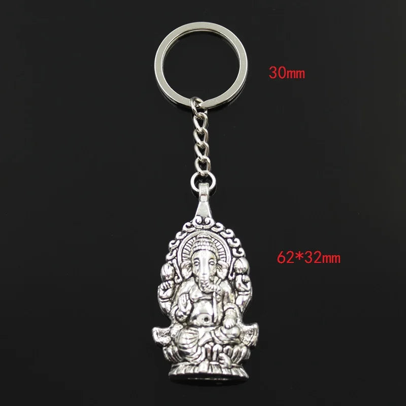 Ganesha Elephant Keychain — Antique Silver-Tone, 62x32mm