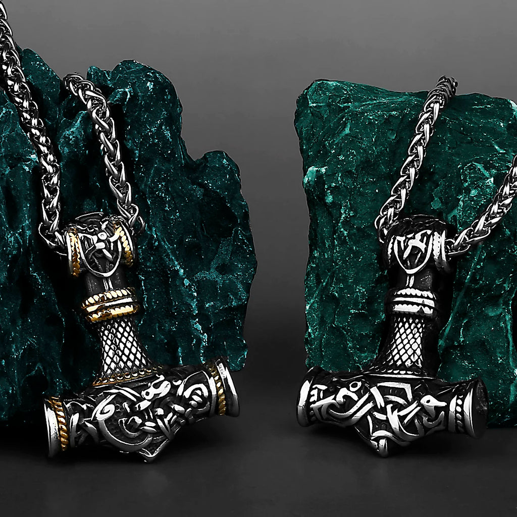 Viking Thor's Hammer Vintage Personality Necklace Stainless Steel Vegvisir Anchor Pendant Necklace Men's Amulet Jewelry