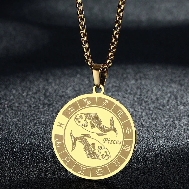 Stainless Steel Zodiac Sign Necklace For Women Men 12 Constellation Libra Symbol Pendant Necklace Amulet Collar Men Jewelry Gift