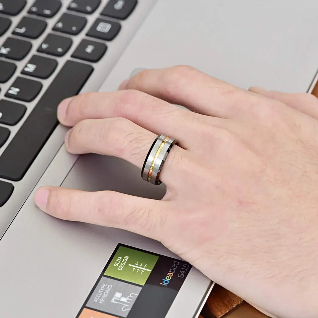 8MM Fashion Gold Color Groove Stainless Steel Rings Silver Color Brushed Black Edge Rings Women Wedding Band Jewelry