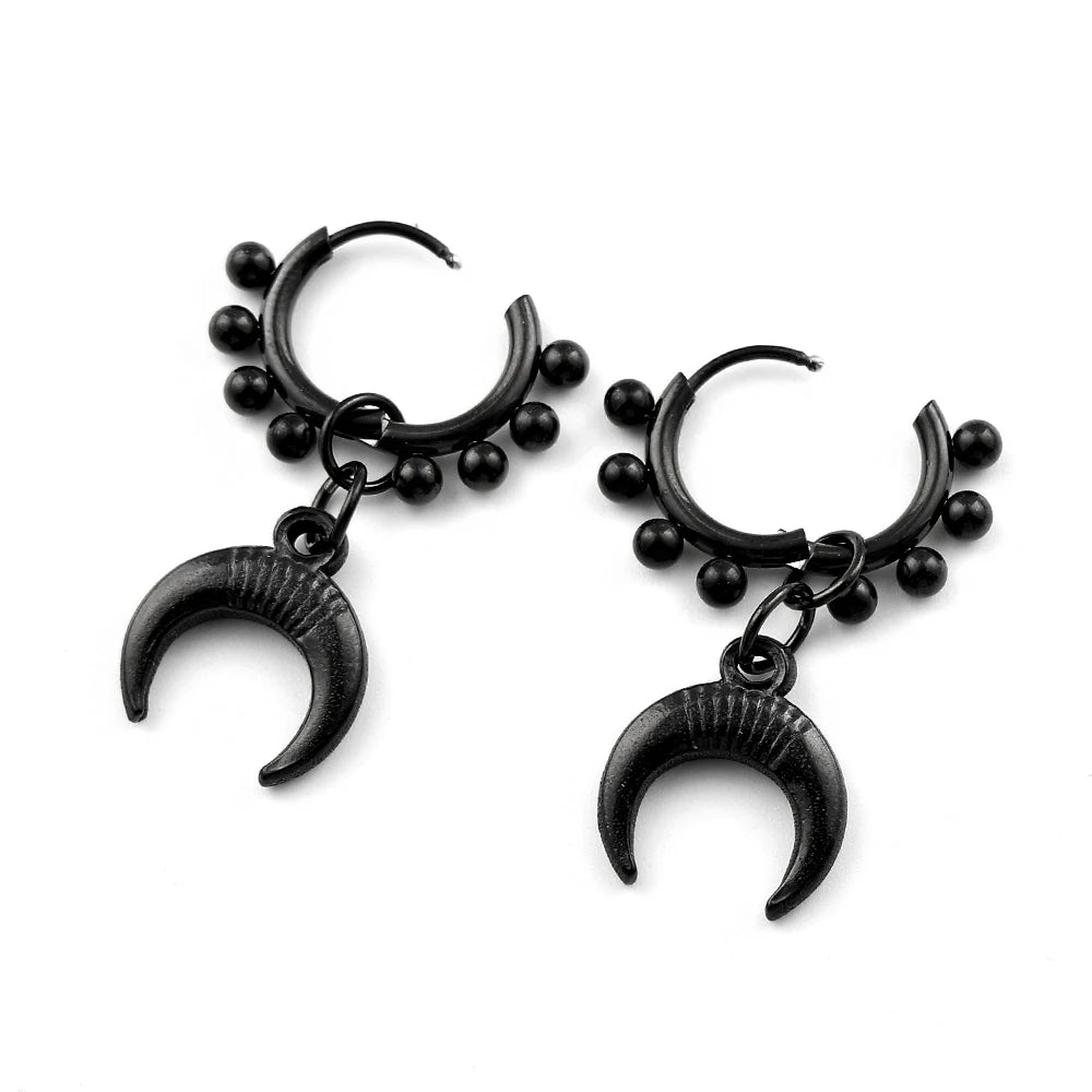 Punk Black Moon Star Hoop Earrings Gothic Crescent Dangle Stainless Steel Beaded Drop Earrings Men Women Hip Hop