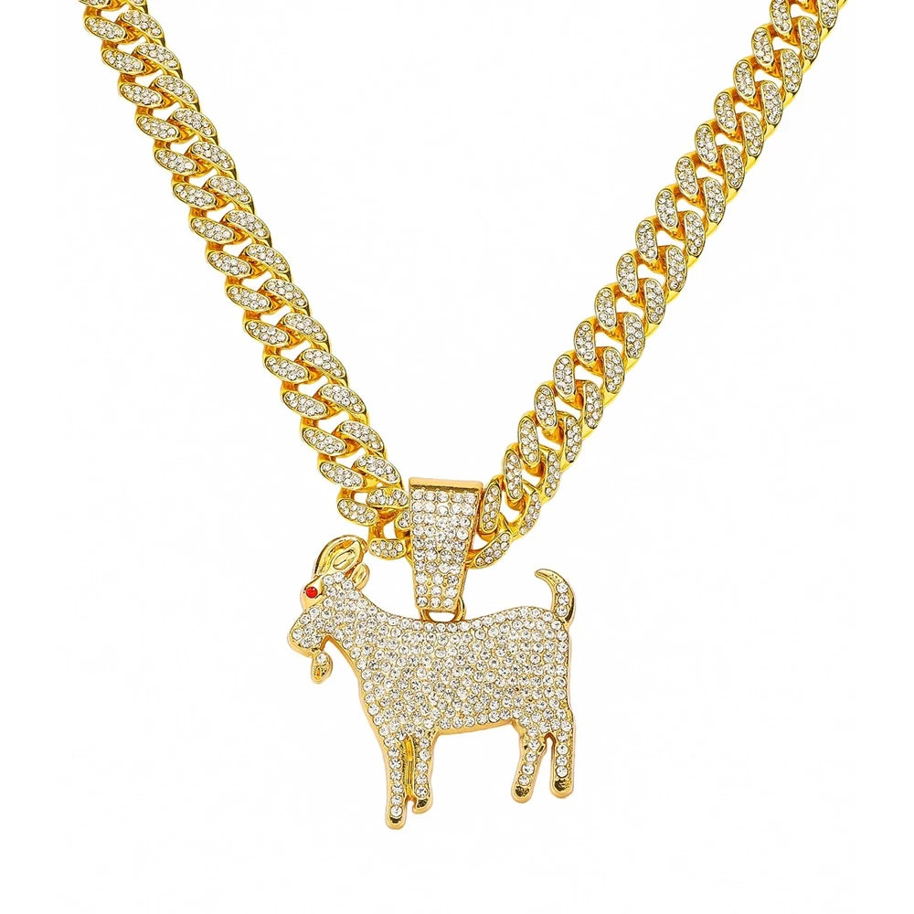 Men Hip Hop Fashion Full Rhinestone Animal Goat Pendant Necklace with 13mm Miami Cuban Chain Necklaces Rapper Rock