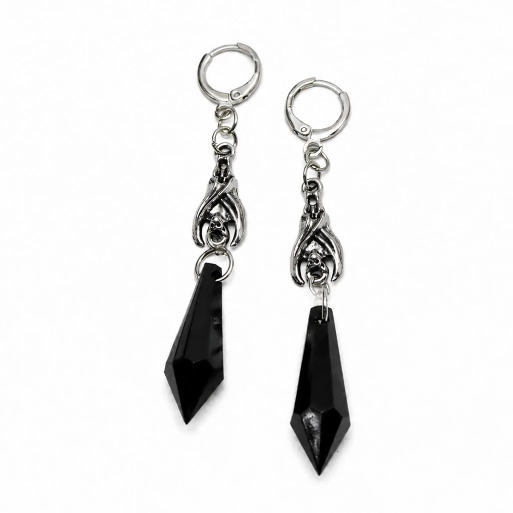 Gothic Bat Dangle Hoop Earrings Black Crystal Spike — Silver-Tone