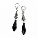 Gothic Bat Dangle Hoop Earrings Black Crystal Spike — Silver-Tone