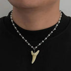 SHIXIN Vintage Exquisite Crystal Beaded Chain Shark Tooth Pendant Necklace Men Trendy Summer Beach Geometric Choker Neck Jewelry
