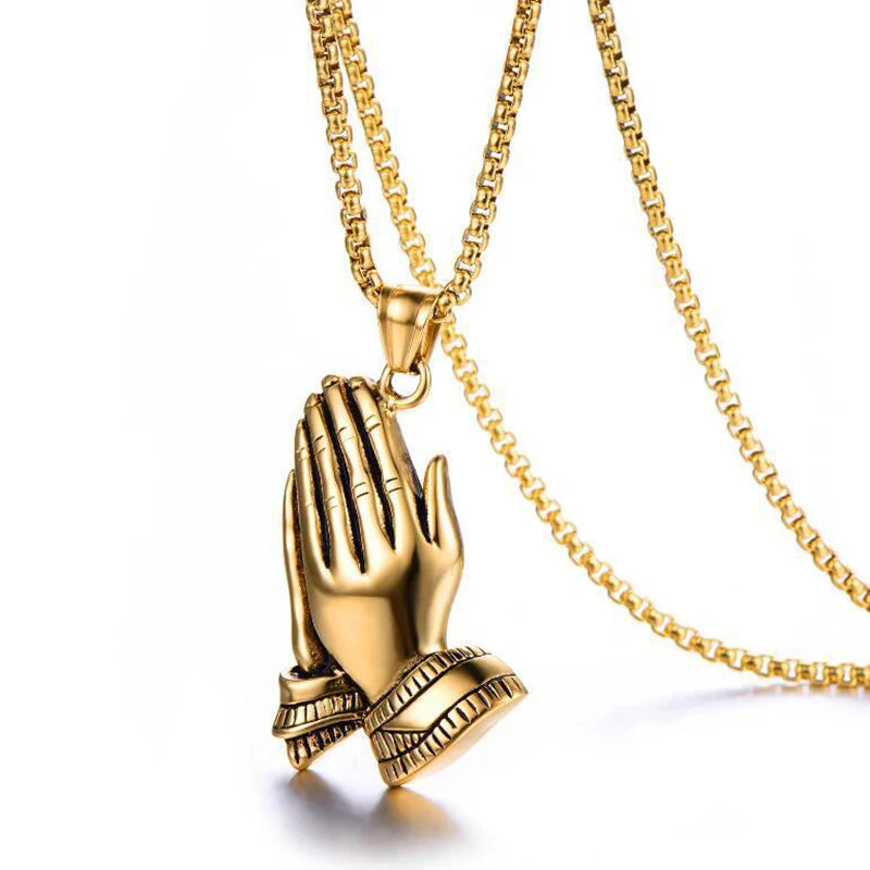 Silver Praying Hands Pendant Necklace Statement