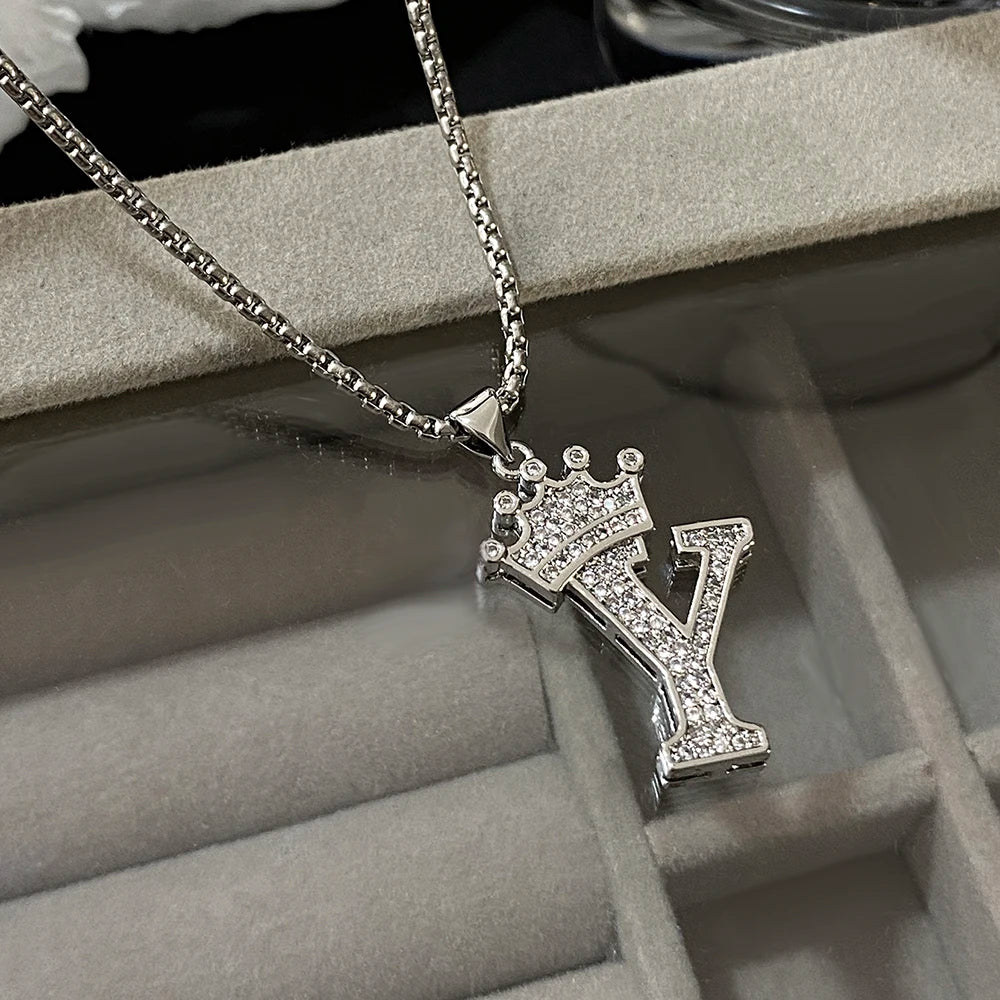 Freetry 26 Letters A-Z Zircon Crown Pendant Necklace for Women Men Punk Initial Alphabet Necklaces Hip Hop Choker Chain