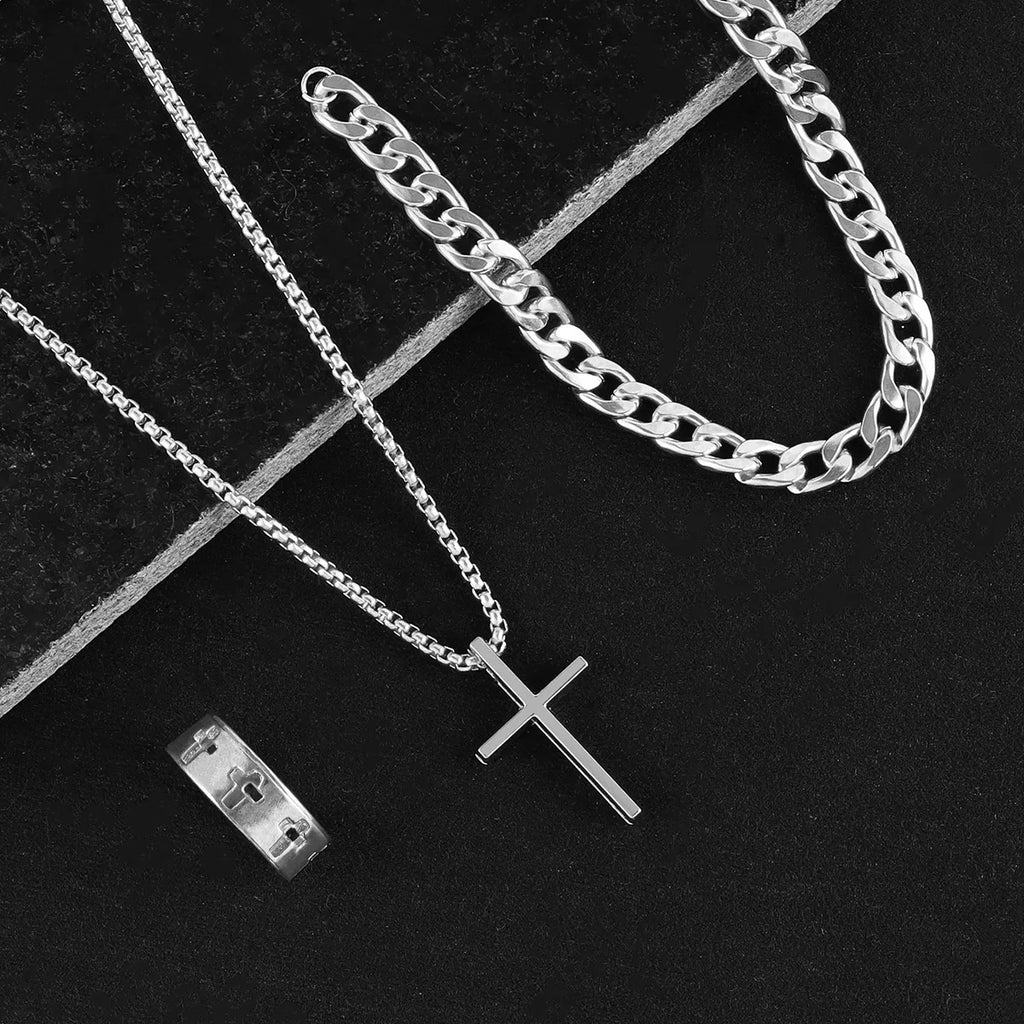 Black Cross Cuban Chain Necklace Ring Bracelet Set