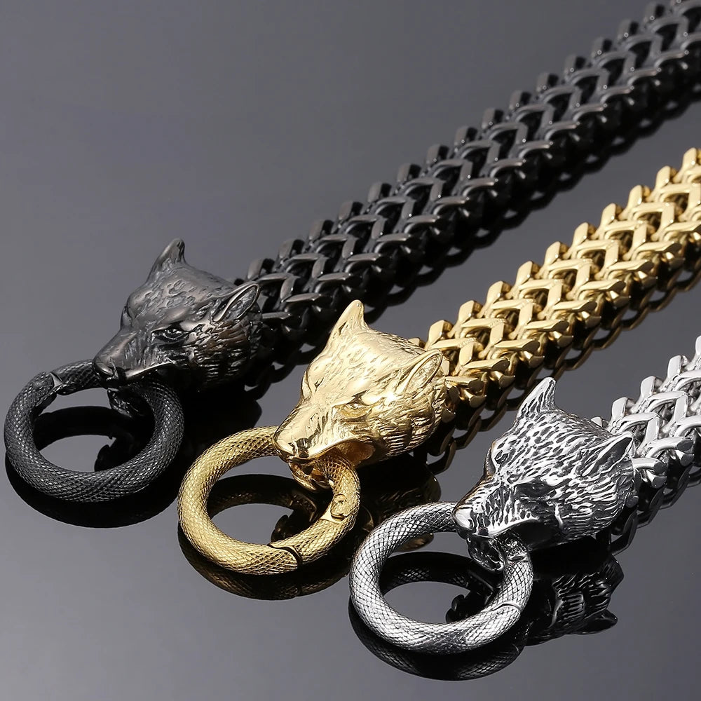 Viking Wolf Head Bracelet for Man With Square Franco Link Chain Stainless Steel Men's Bracelets Masculine Norse