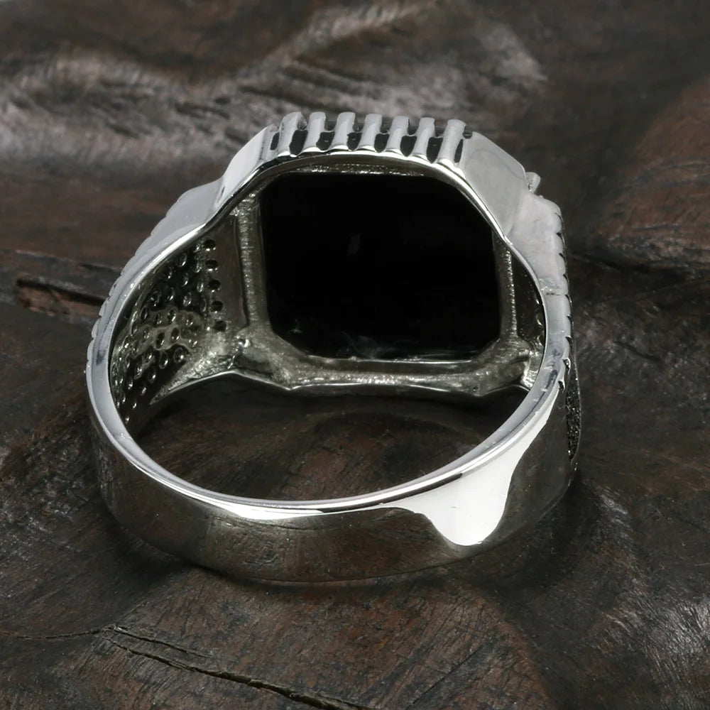 Genuine Solid 925 Sterling Silver Turkish Rings For Men Black Band With Stone Square Natural Onyx Vintage Male Jewelry