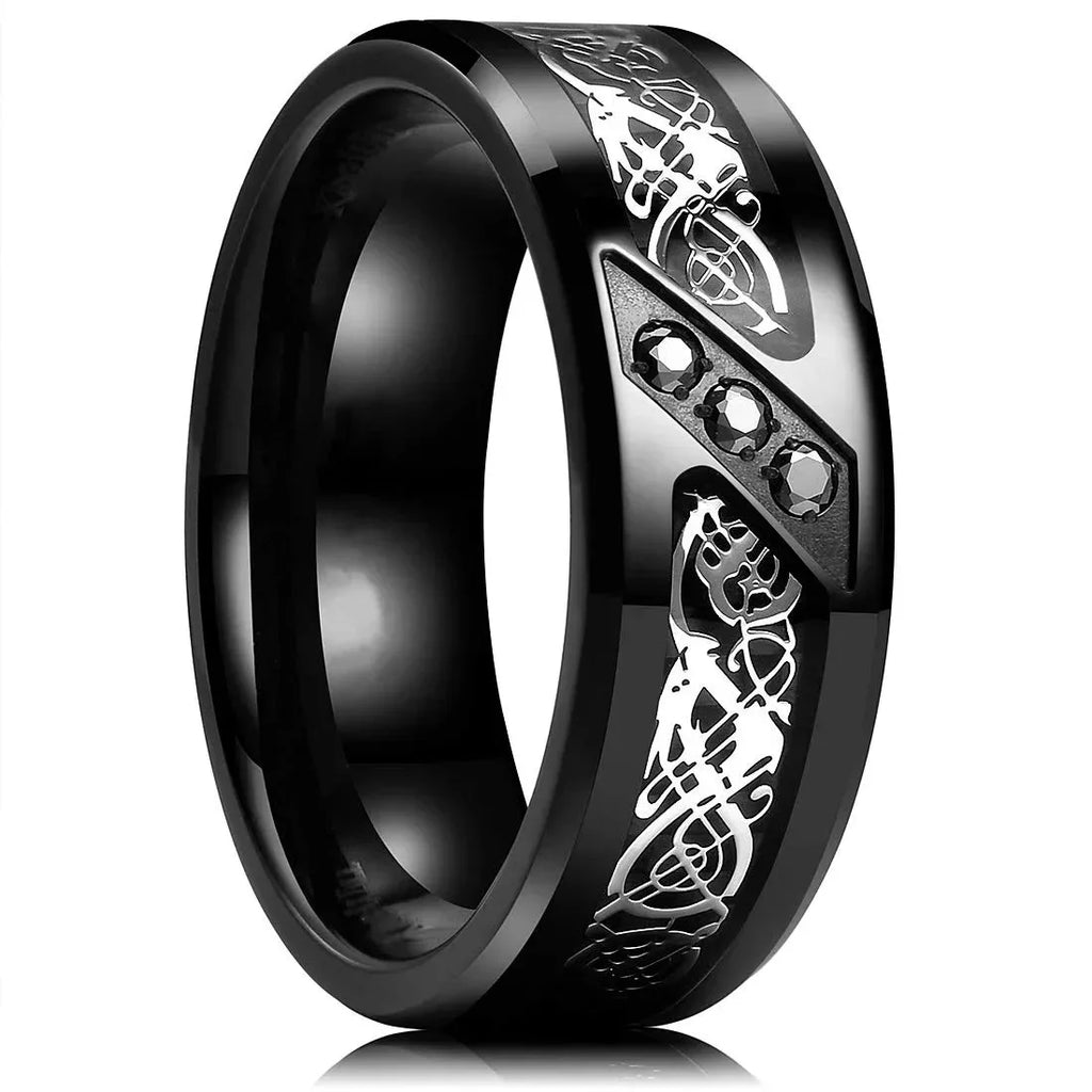 Fashion 8mm Stainless Steel Celtic Dragon Rings For Men Inlay Purple Carbon Fiber Rings Wedding Band Jewelry Birthday Gifts
