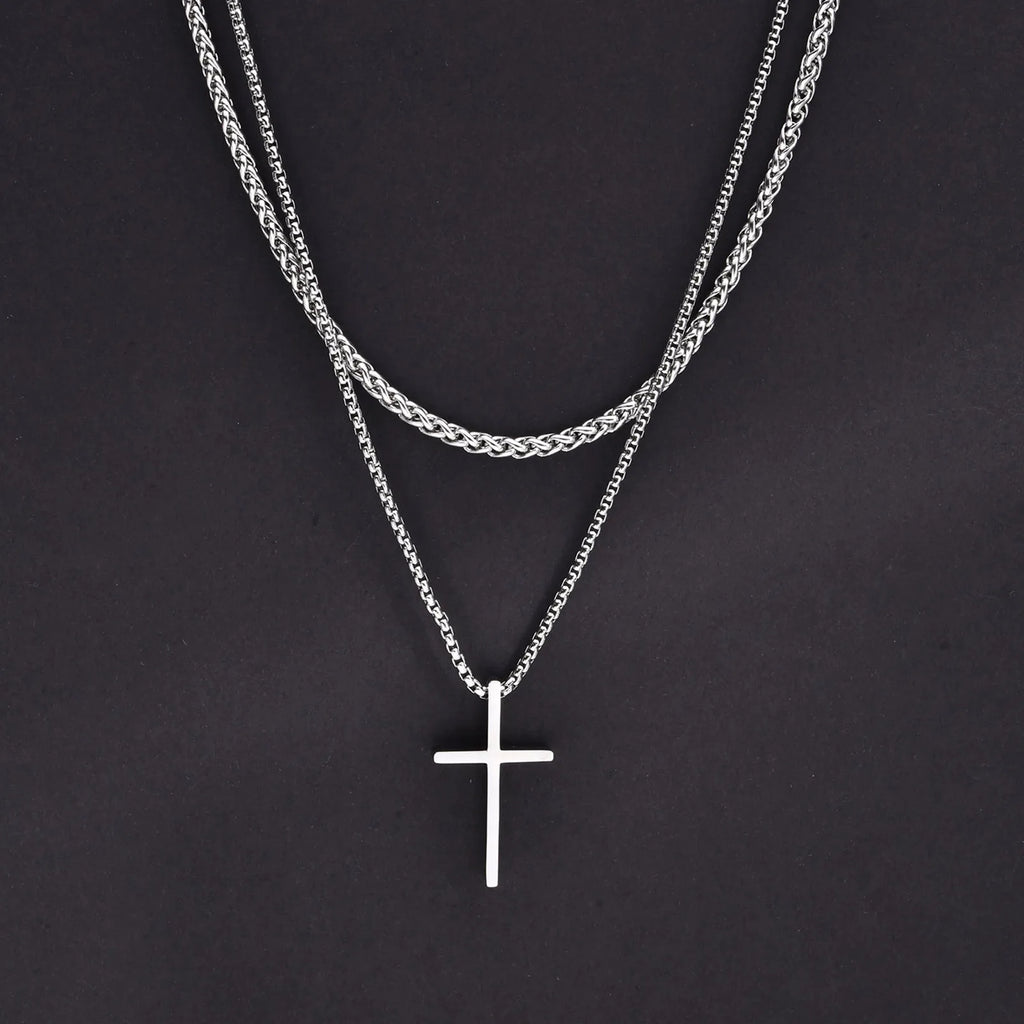 Vnox Dropshipping Mens Cross Necklaces Stainless Steel Layered Plain Cross Pendant Rope Box Chain Necklace Prayer Jesus Collar