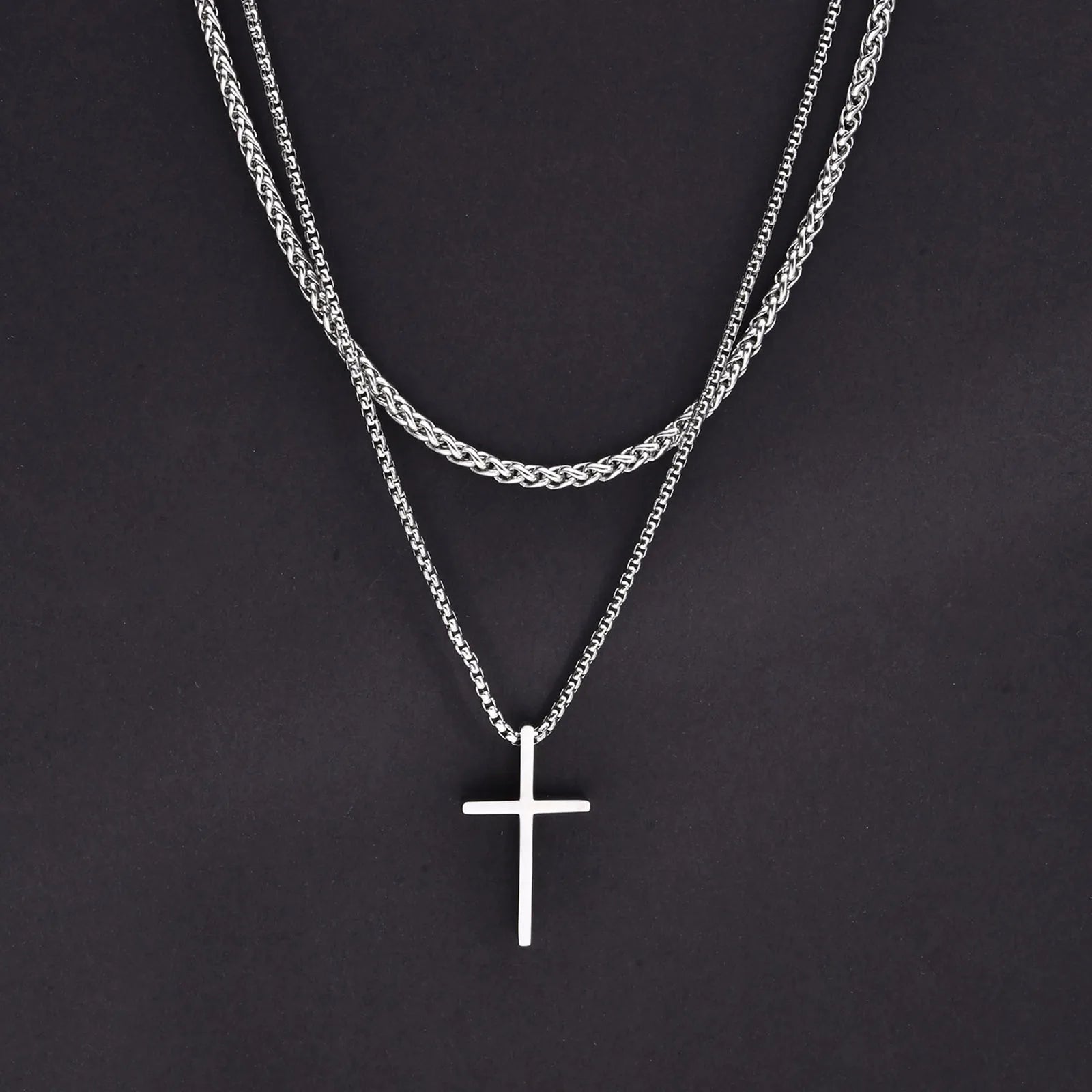 Vnox Dropshipping Mens Cross Necklaces Stainless Steel Layered Plain Cross Pendant Rope Box Chain Necklace Prayer Jesus Collar