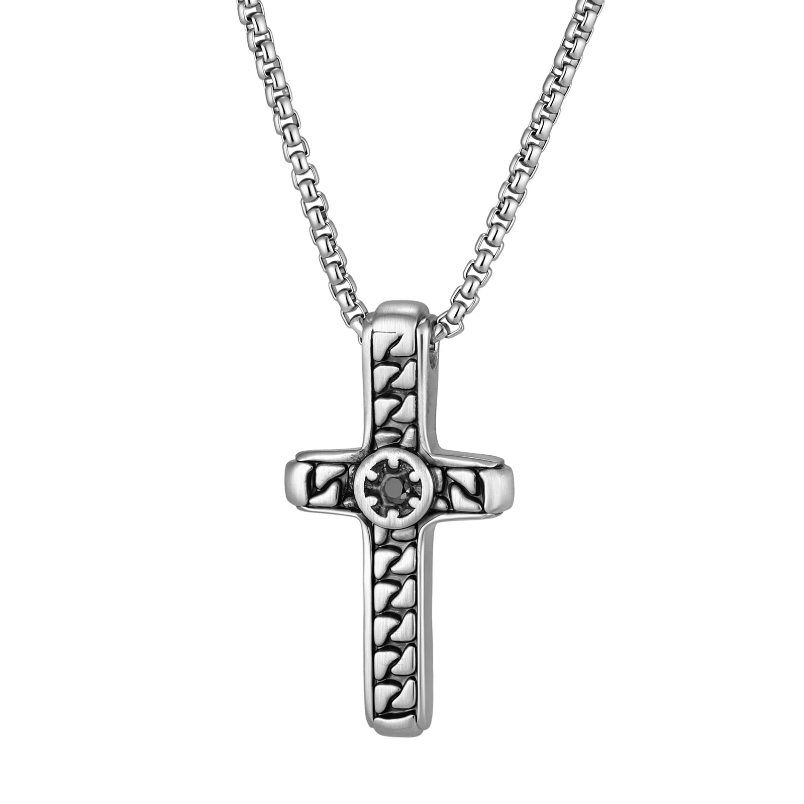 Stylish Cool Textured Cross Pendant Necklace for Men High Quality Stainless Steel Waterproof Collar Necklace Punk