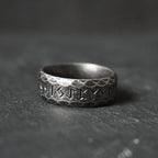 Ancient Rune Black Metal Ring 8mm Wide Stainless Steel Viking Ring with Old Norse Inscriptions Gothic Gift for Him & Her