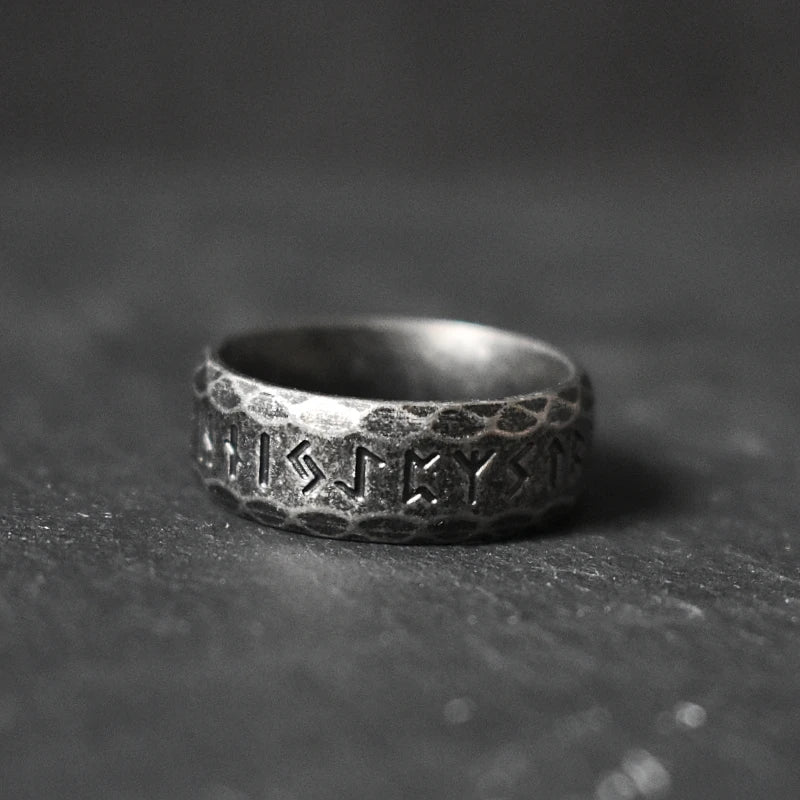 Ancient Rune Black Metal Ring 8mm Wide Stainless Steel Viking Ring with Old Norse Inscriptions Gothic Gift for Him & Her