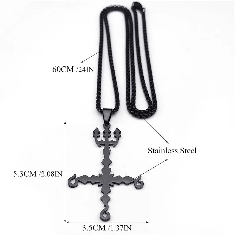 Heavy Metal 666 Music Band Necklace Stainless Steel Black Color Sigil Church of Satan Fork Cross Necklaces Jewelry N8055BKS06