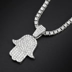 Men's Women Hip Hop Hamsa Hand Pendants Necklaces With 4mm Crystal Tennis Chain Punk  Rapper Jewelry Hiphop Style Couple Gifts