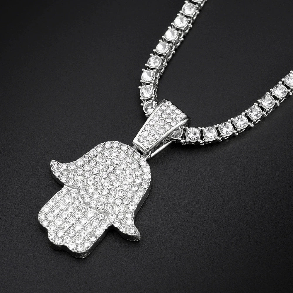 Men's Women Hip Hop Hamsa Hand Pendants Necklaces With 4mm Crystal Tennis Chain Punk  Rapper Jewelry Hiphop Style Couple Gifts