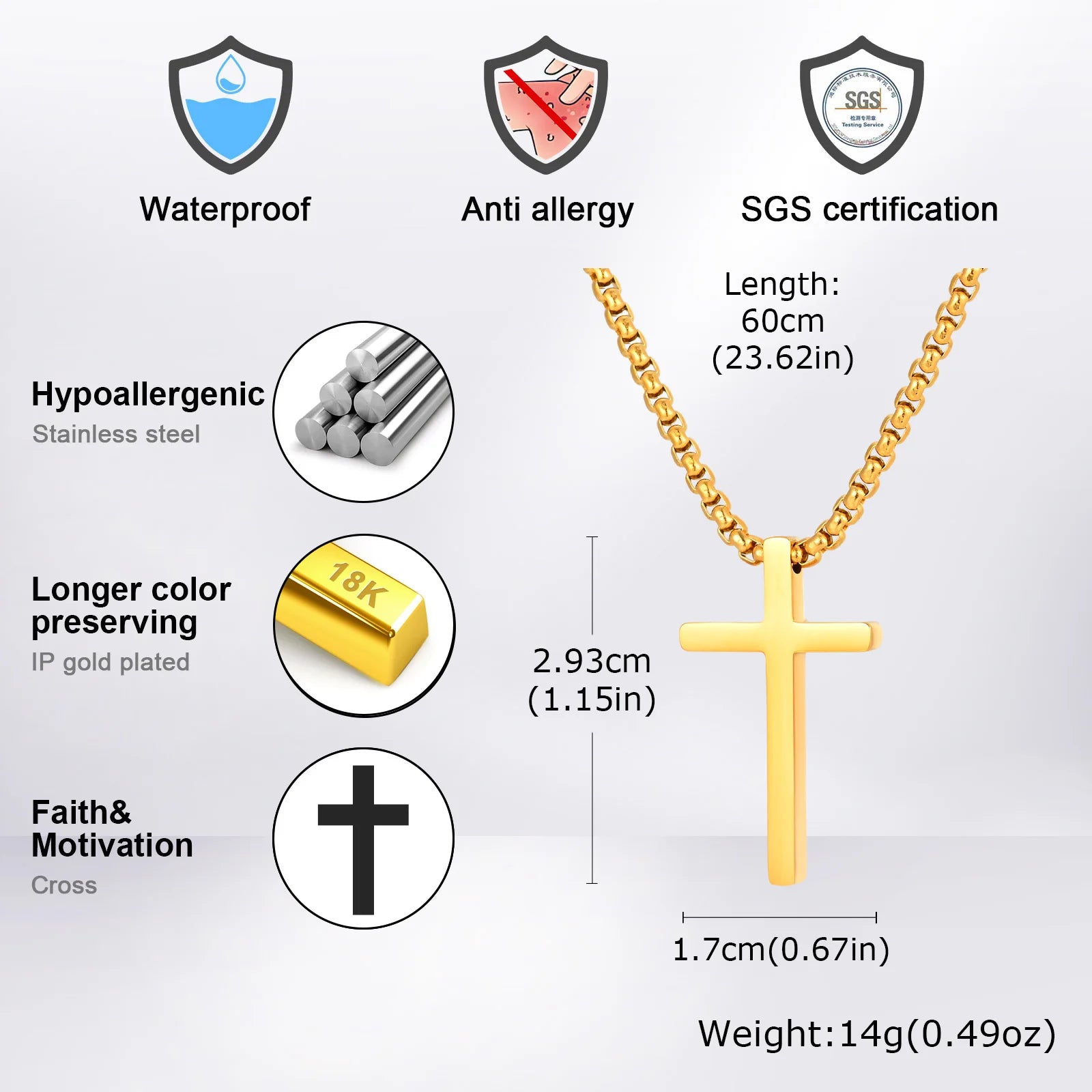 Vnox 60cm Box Chain Cross Pendant Necklaces for Men, Simple Plain Black Silver Gold Color Stainless Steel Thick Cross Collars