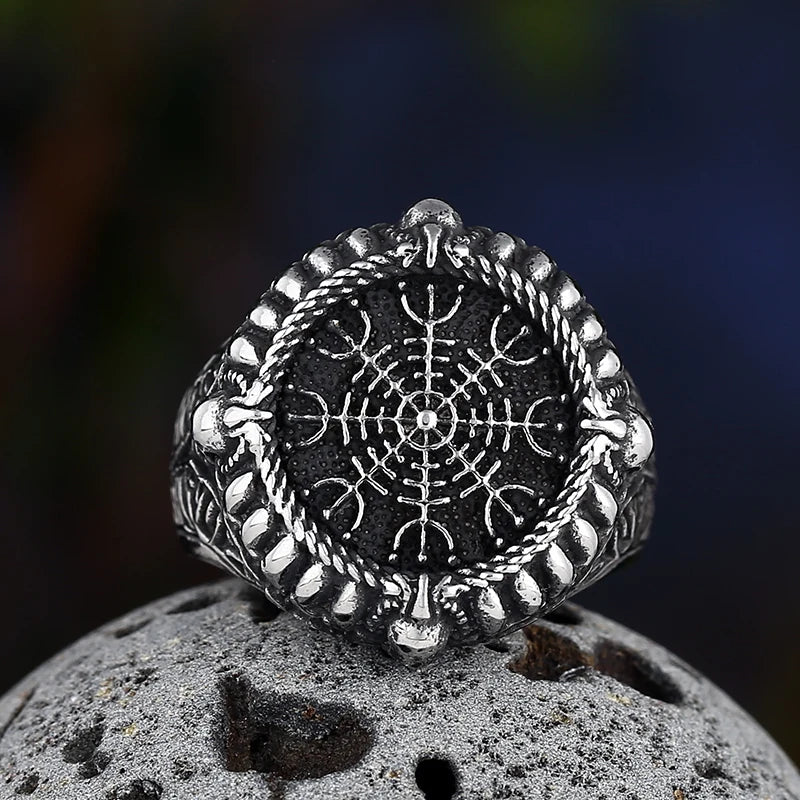 Stainless Steel Viking Compass Runic Statement Rings With Skull Punk Men Vintage Viking Men Rings Jewelry
