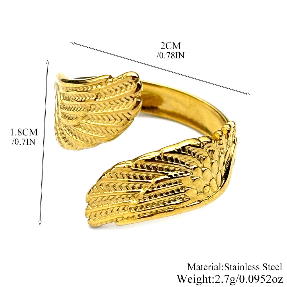 Angel Wing Wrap Open Adjustable Rings for Women Men Stainless Steel Gold Plated Feather Protection Finger Ring Jewelry
