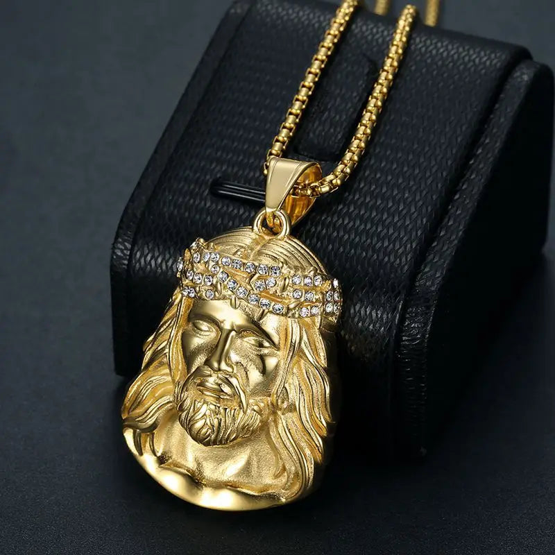 Stainless Steel Titanium Hip Hop God Jesus Human Head Luxury Gold Plated Pendant Collar Chains Necklace for Men Women