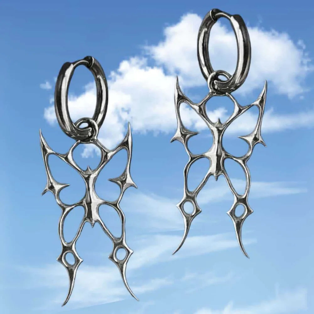 Gothic Punk Silver Color Hollowed-out Thorn Swallowtail Butterfly Pendant Hoop Earrings for Men Women Couples Halloween