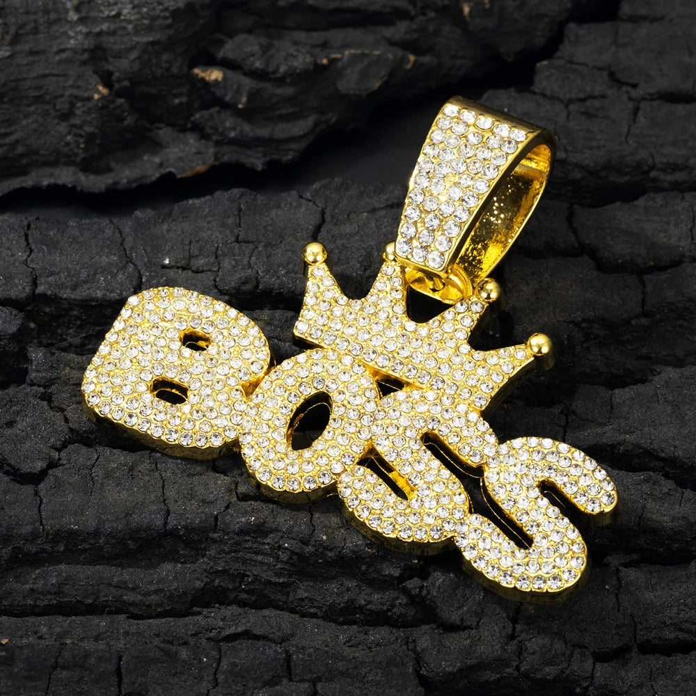 Men's Cool Hip-hop Rhinestone Letter BOSS Pendant Necklace, For Men Fashion Iced Out Bling Zircon Cuban Thick Chain