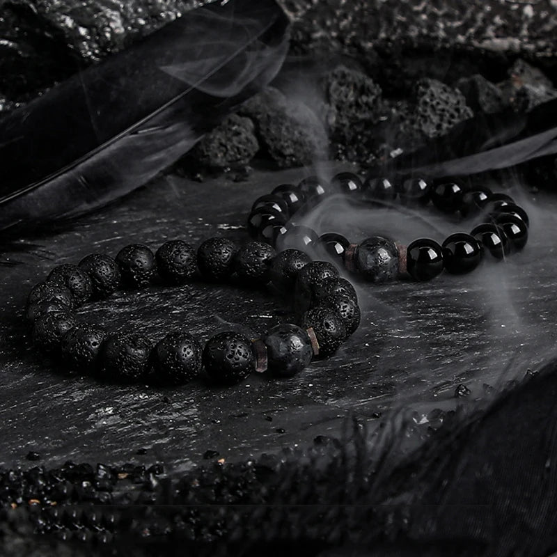 Dark Series Black Stone Bead Elastic Bracelet for Men Women