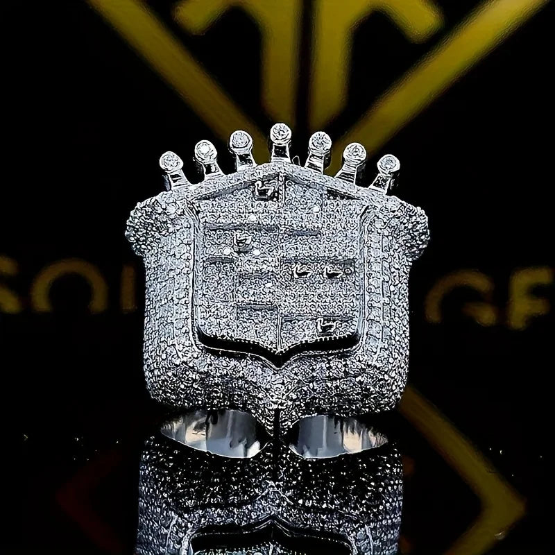 2025 New Men's 925 Sterling Silver Ring Vintage King Crown Iced Out Hip Hop Rings White Gold Plated Huge Punk Rapper