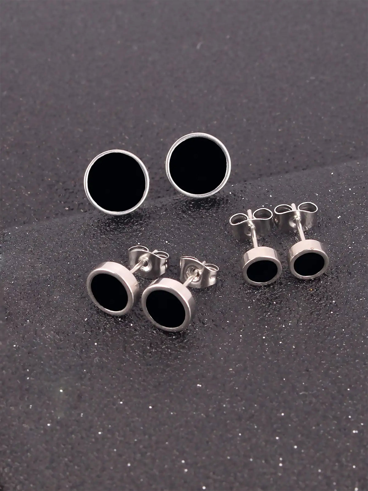 Round Stud Earrings 3 Pairs Set 6mm 8mm 10mm — Stainless Steel