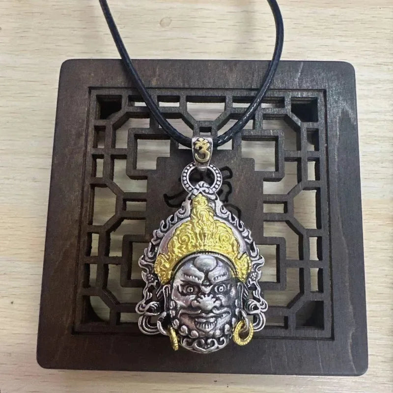 Vintage Plated Thai Silver Yellow God of Wealth Necklace, Gilded Buddha Statue Pendant, Holiday Birthday Gift