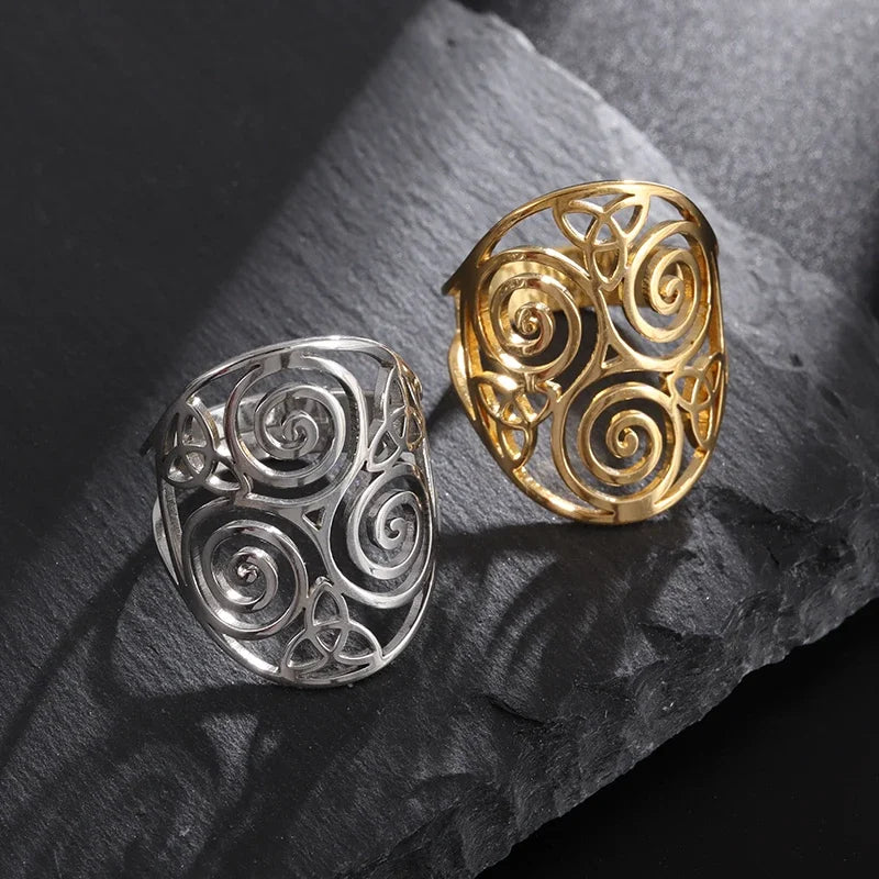 Stainless Steel Adjustable Triskele Rings Celtic Knot Spiral Amulet Rings for Women Triskelion Irish Jewelry Christmas