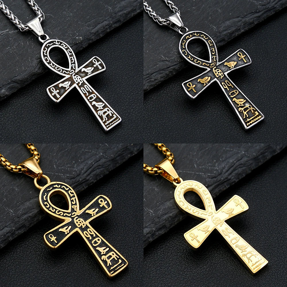 Vintage Punk Anka Cross Pendant Stainless Steel Egyptian Necklaces For Men Women Unique Rune Amulet Jewelry Gifts