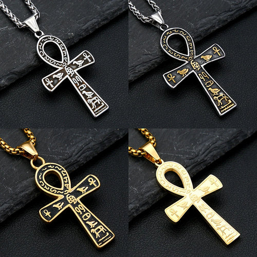 Vintage Punk Anka Cross Pendant Stainless Steel Egyptian Necklaces For Men Women Unique Rune Amulet Jewelry Gifts