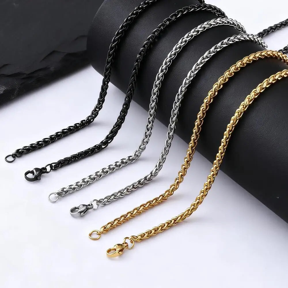 Stainless Steel Wheat Chain Necklace for Men Boys,3mm Silver Gold Black Color Chain Link Collars,Rock Punk Jewelry Gift