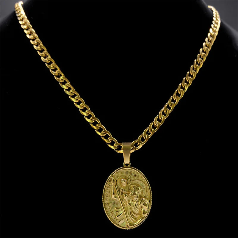 ST.Christopher Protect Us Medal Men's Necklace Saint Christopher Stainless Steel Gold Plated Religious Necklaces