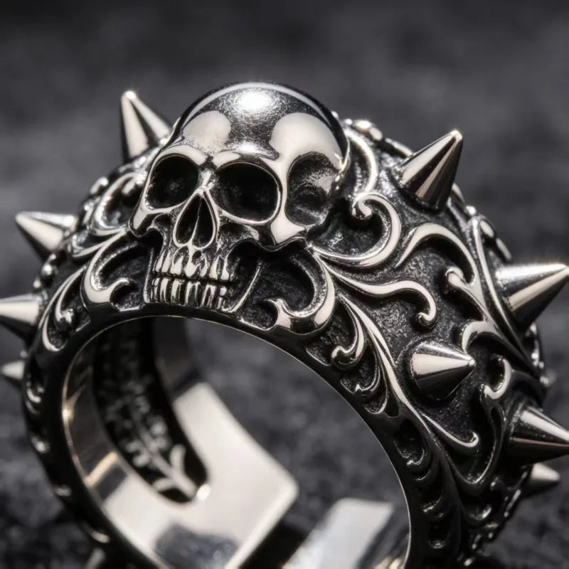 Vintage skull, rivet opening, men's and women's rings, street trend, neutral style jewelry