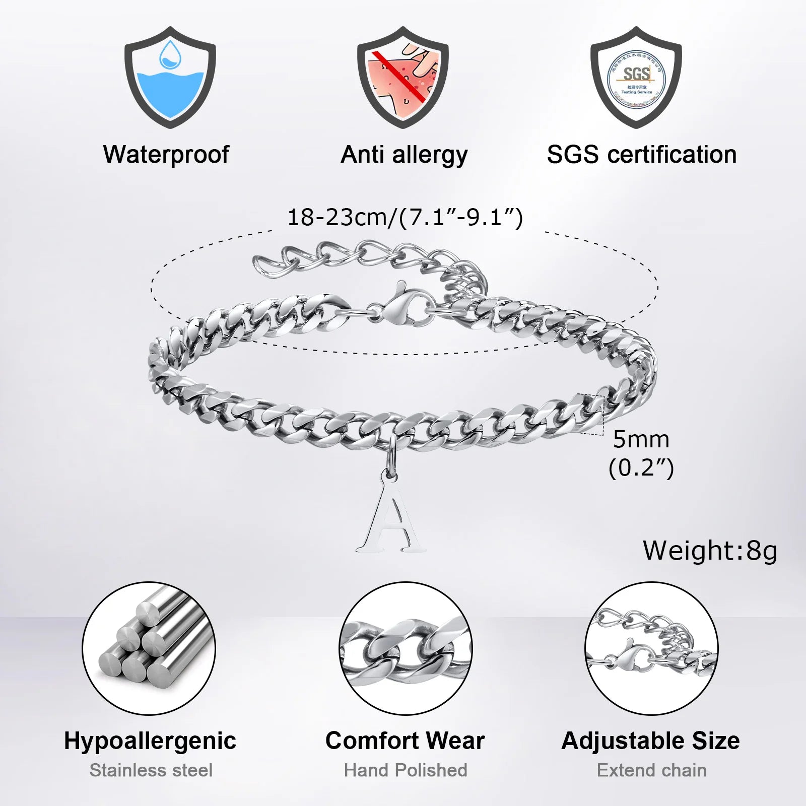Vnox A-Z Initial Bracelets for Men Women, Never Fade Silver Color Stainless Steel Cuban Chain Bracelet with 26 Letter