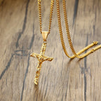 Vnox Cross Necklace for Men Women,Catholicism Jesus Pendant,Gold Color Stainless Steel Unisex Collar,Church Prayer