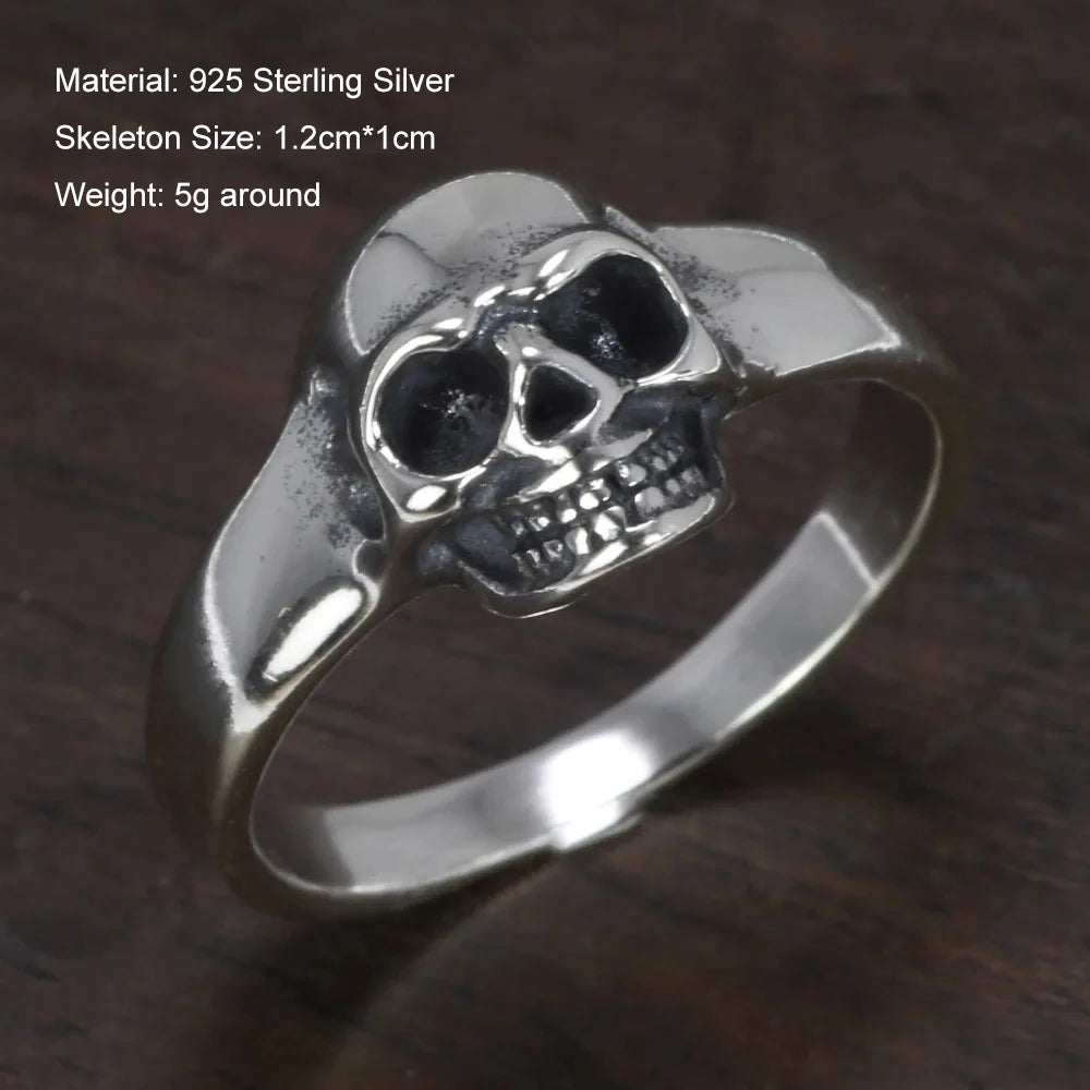 S925 Sterling Silver Vintage Skeleton Ring for Men Skull Punk Hip Hop Rock Ring Retro Simple Style Jewelry