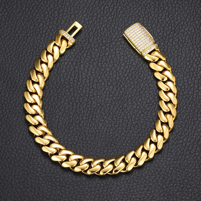 Luxury 24K 9999 Pure Gold real gold 10MM 12MM Width Large Cuban Chain Bracelet Inlaid Full Diamond Bracelet