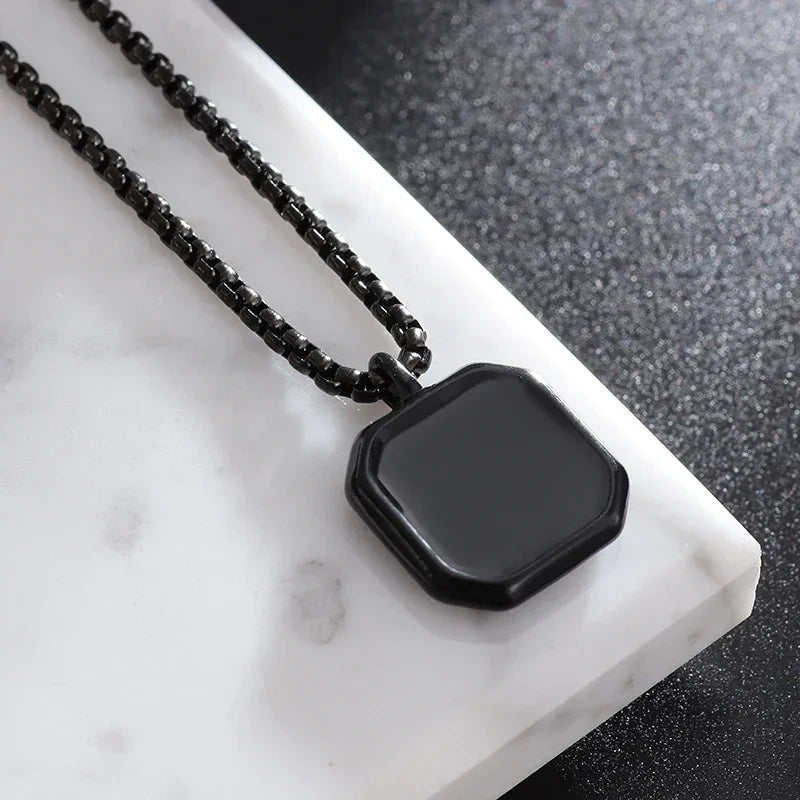 Stainless Steel Square Black Natural Stone Necklace Beautiful Geometric Polygon Pendant for Women Casual Punk Jewelry
