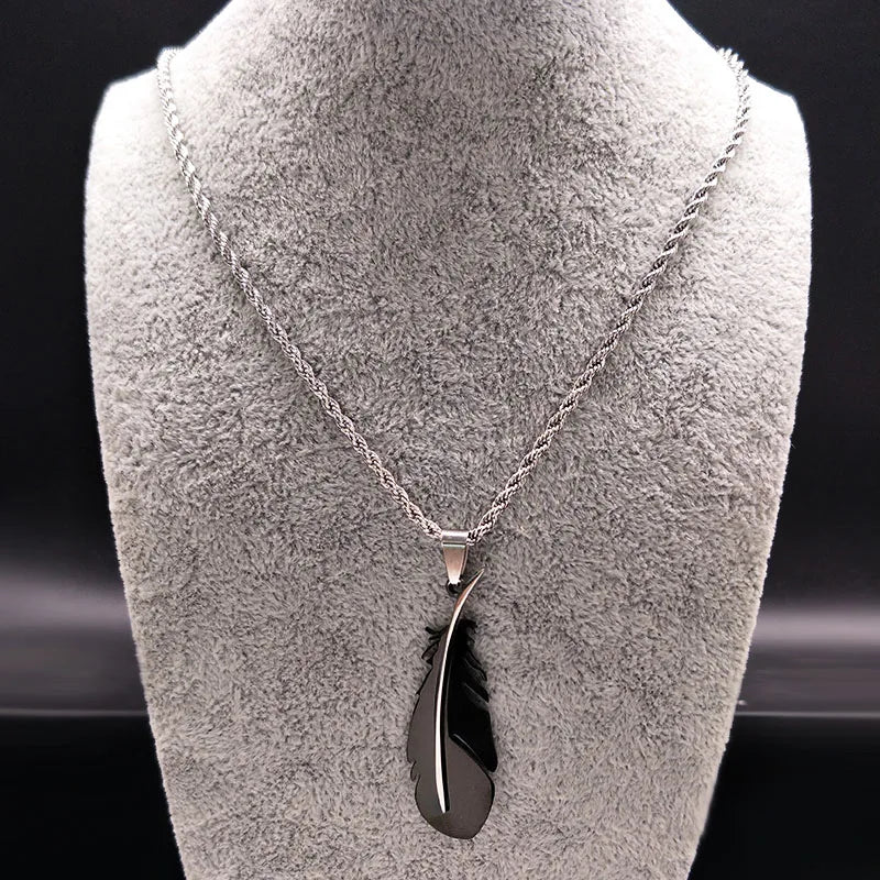 Feather Pendant Rope Chain Necklace Long — Stainless Steel