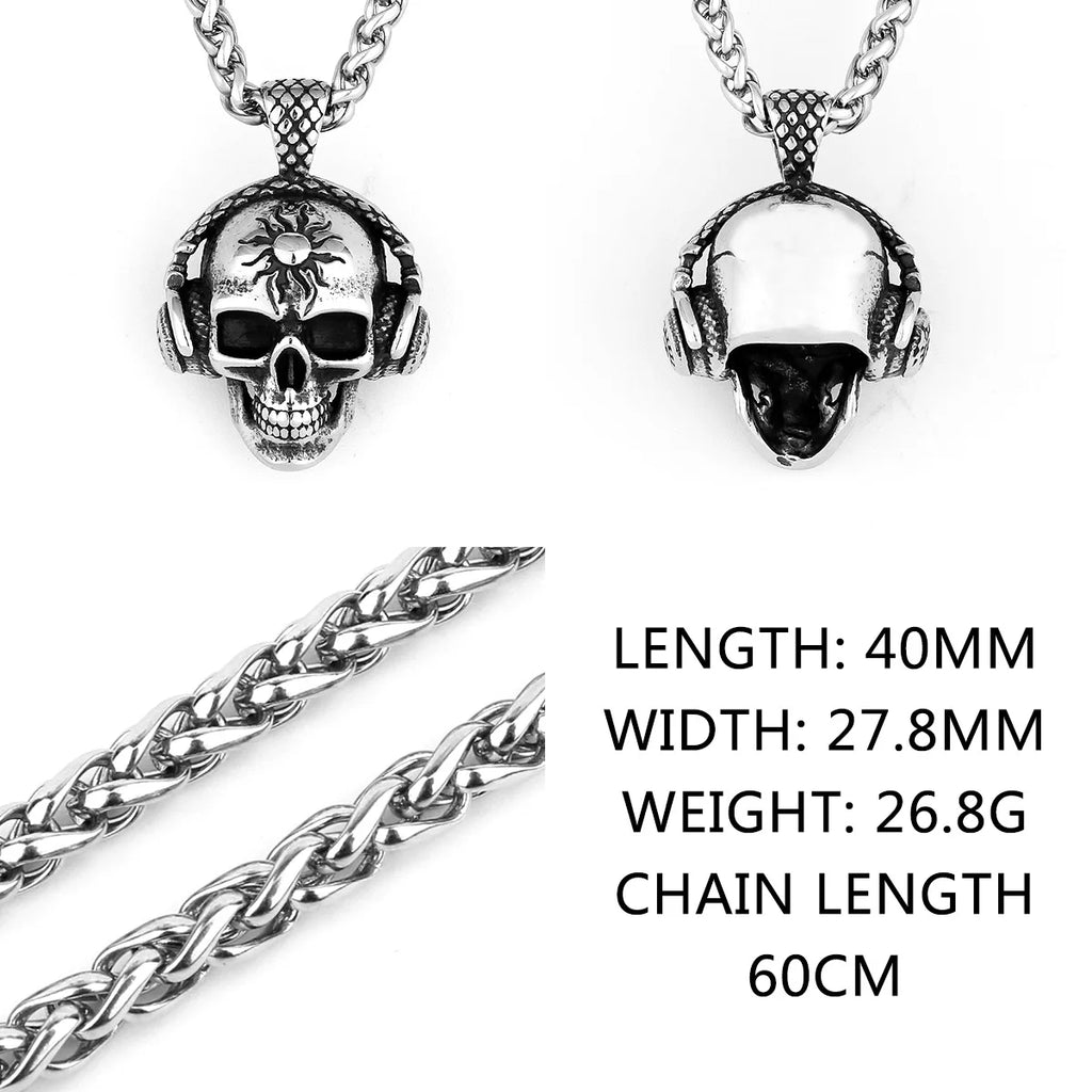 HNSP 316L Stainless Steel Punk Headphones Skull Head Pendant Necklace For Men Jewelry Accessories