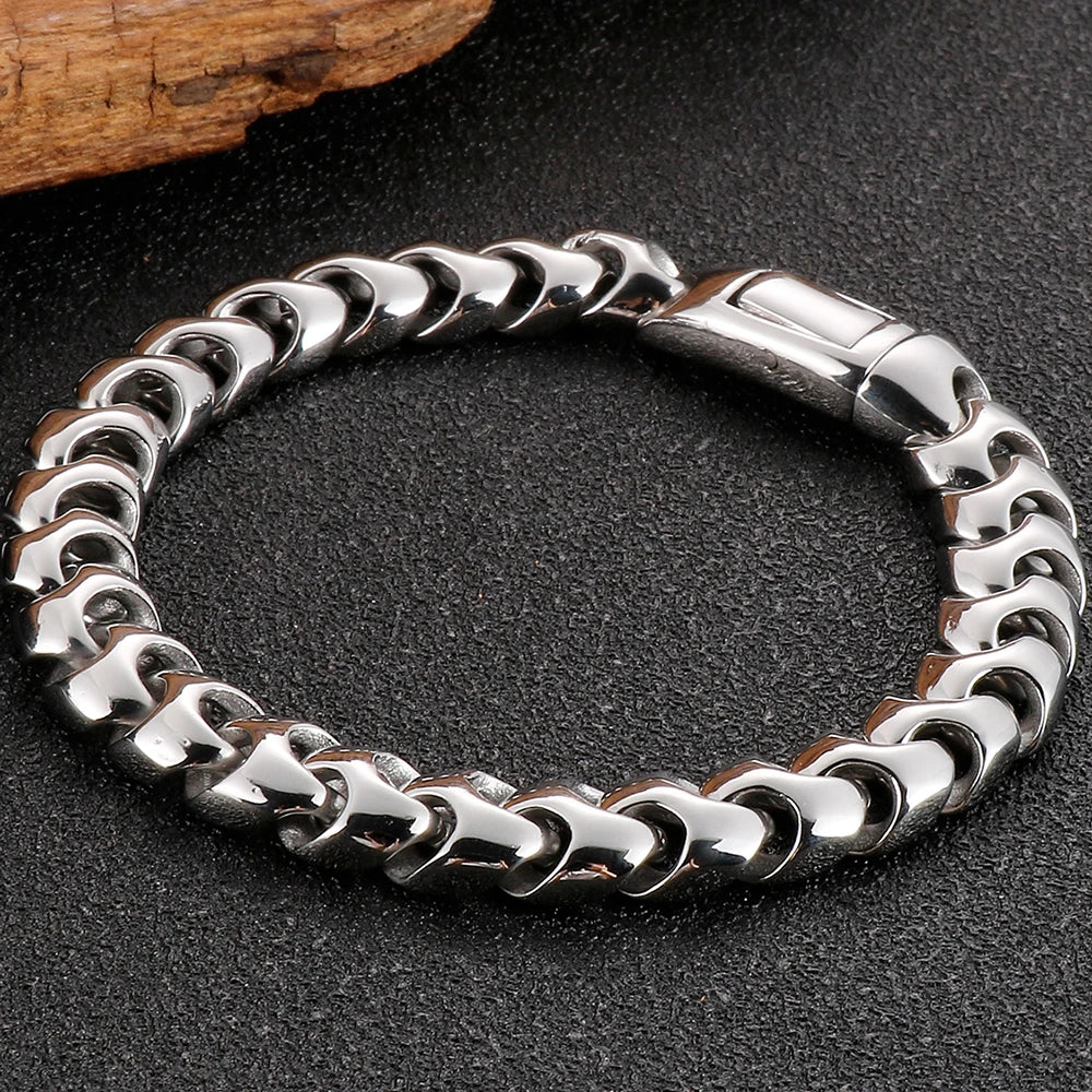 9MM Wide Curb Link Chain Man Bracelet for Men In Polished Stainless Steel Men's Wrist Bracelets On Hand Jewelry Mannen